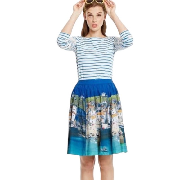 Boden Italy Beach Seaside Scene Printed Pleated Flared Circle Slip Skirt - 12 - Picture 2 of 15